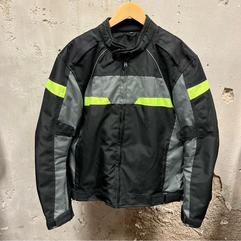 Black & Neon Green Colorblock Insulated Full Zip Riding Motorcycle Jacket Large